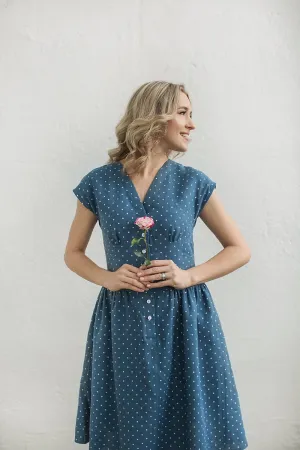 Blue Polka-Dot Linen Dress