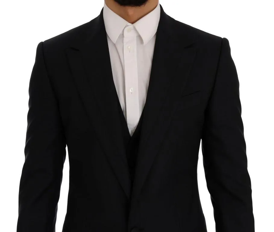 Blue Wool Silk Slim Fit 3 Piece Suit