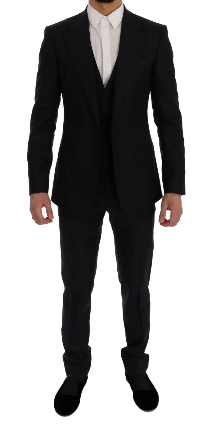 Blue Wool Silk Slim Fit 3 Piece Suit