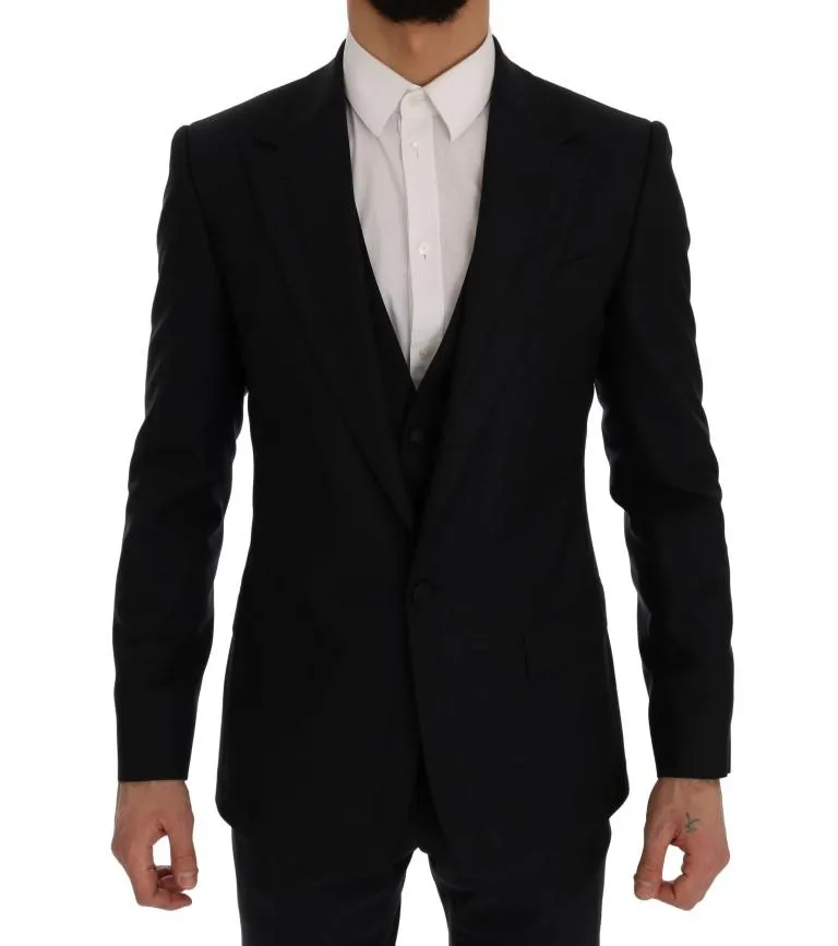 Blue Wool Silk Slim Fit 3 Piece Suit