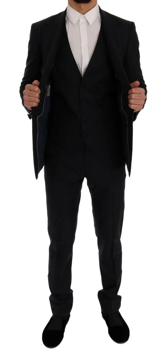 Blue Wool Silk Slim Fit 3 Piece Suit