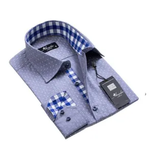 Bluish Grey with White Dots Mens Slim Fit Designer Dress Shirt - tailored Cotton Shirts for Work and Casual Wear
