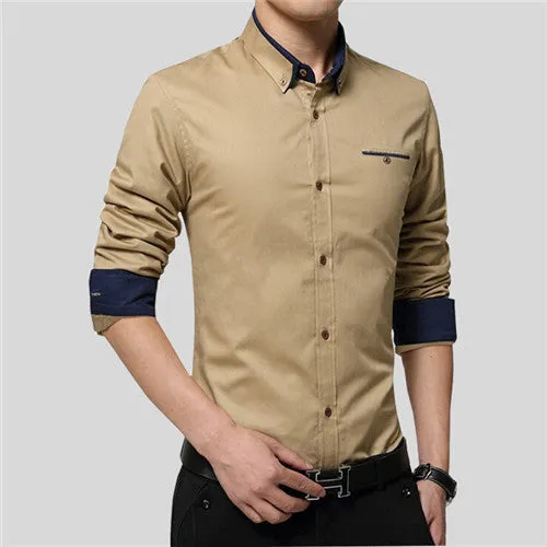 Brand Men Shirts Long Sleeve Turn-down Collar 100% Cotton