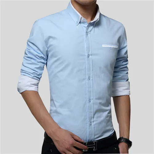 Brand Men Shirts Long Sleeve Turn-down Collar 100% Cotton