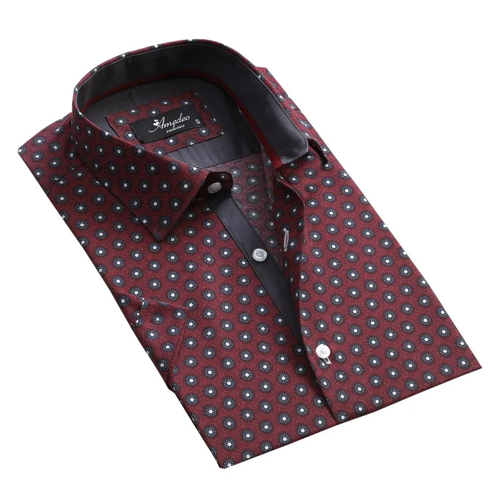 Burgandy Circles Mens Short Sleeve Button up Shirts - Tailored Slim Fit Cotton Dress Shirts