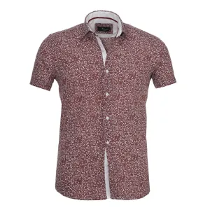 Burgandy Floral Mens Short Sleeve Button up Shirts - Tailored Slim Fit Cotton Dress Shirts