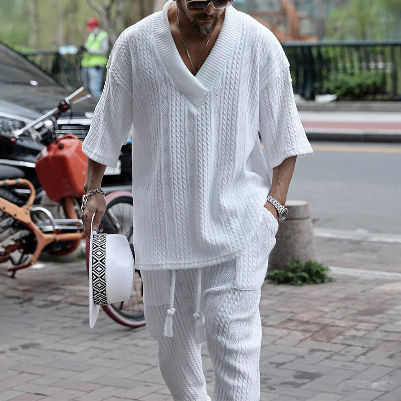 Casual sweater loose short-sleeved T-shirt trousers woolen suit