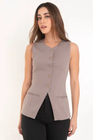 Chaleco fit recto cuello v con botones contraste