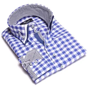Checkered Blue & White Mens Slim Fit Designer Dress Shirt - tailored Cotton Shirts for Work and