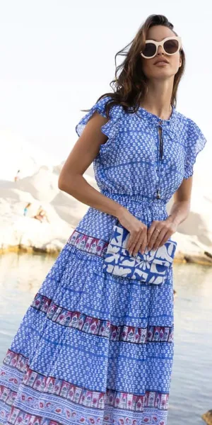 Cinched Flirty Midi Dress in Campania Blue