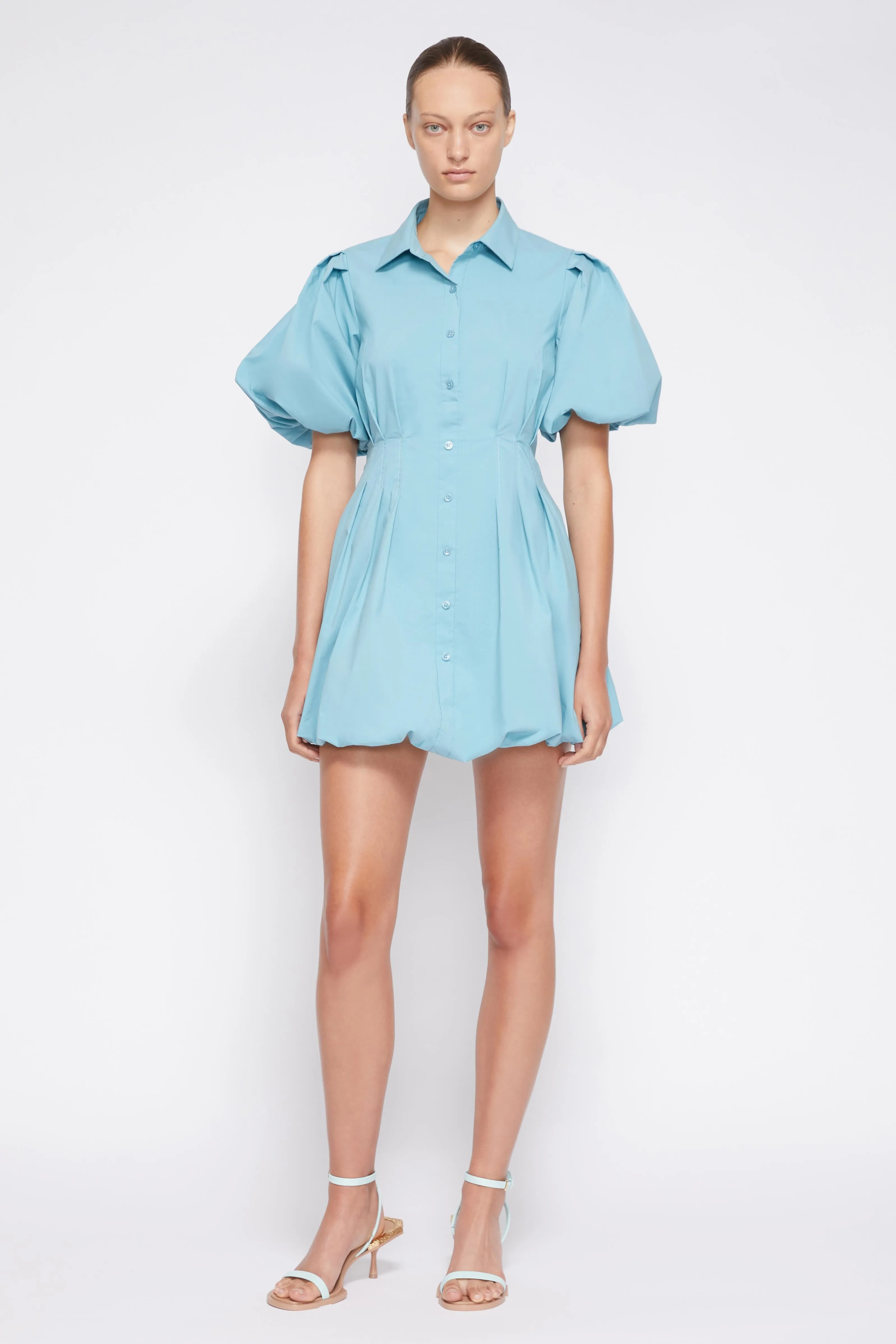 Cleo Cotton Poplin Balloon Pintuck Mini Dress - Celeste Blue