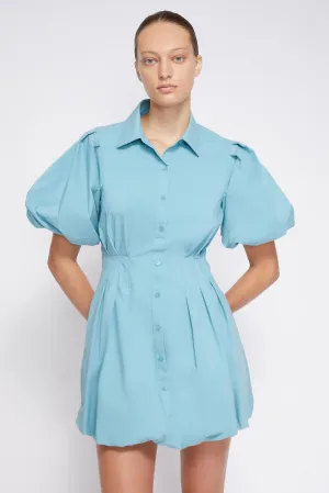 Cleo Cotton Poplin Balloon Pintuck Mini Dress - Celeste Blue