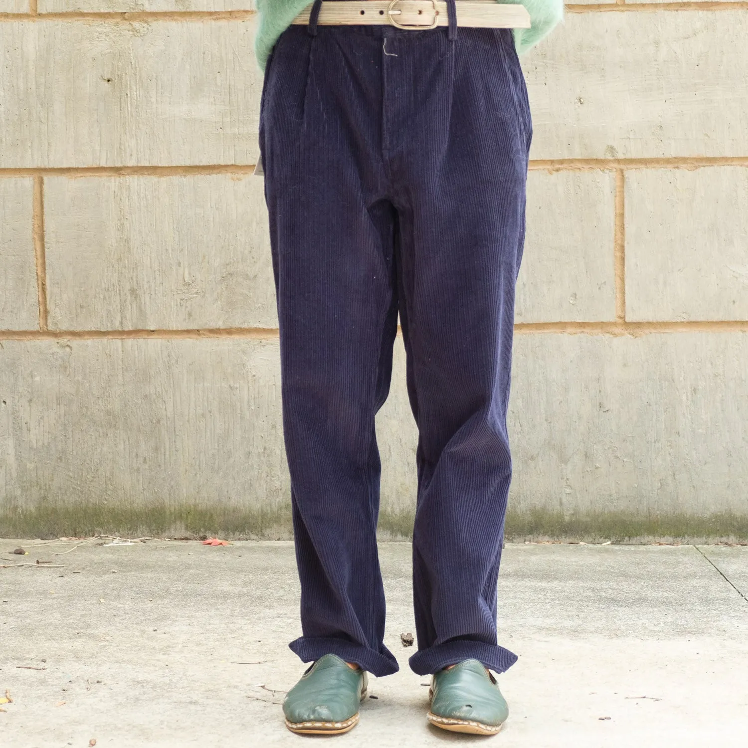 Cord Pleated Trousers in Navy