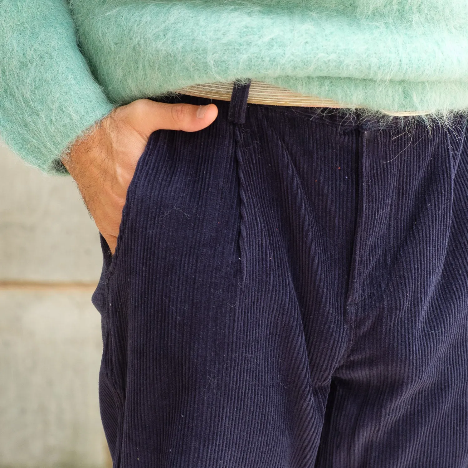 Cord Pleated Trousers in Navy