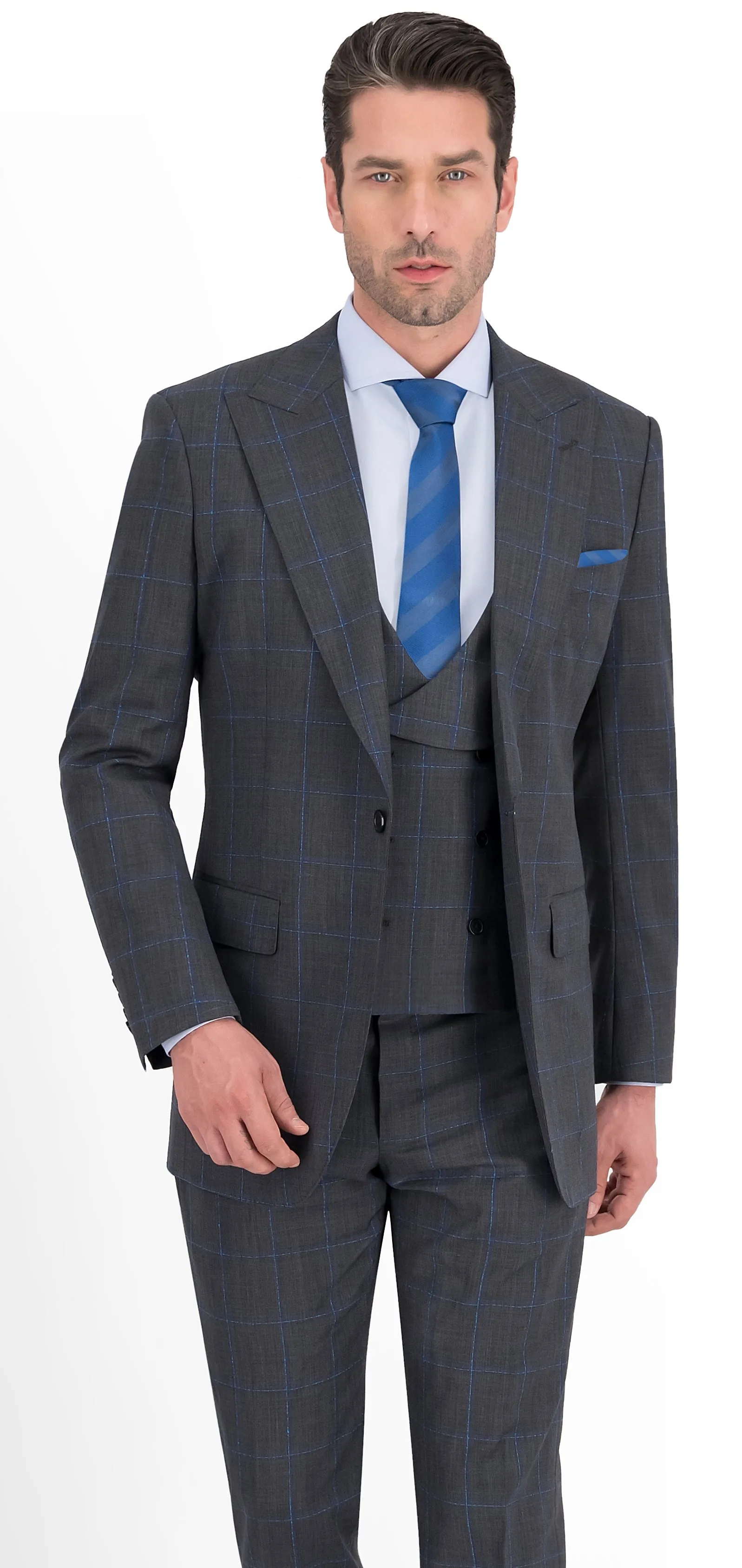 Dark Grey with Blue Slub Check Windowpane Short Suit