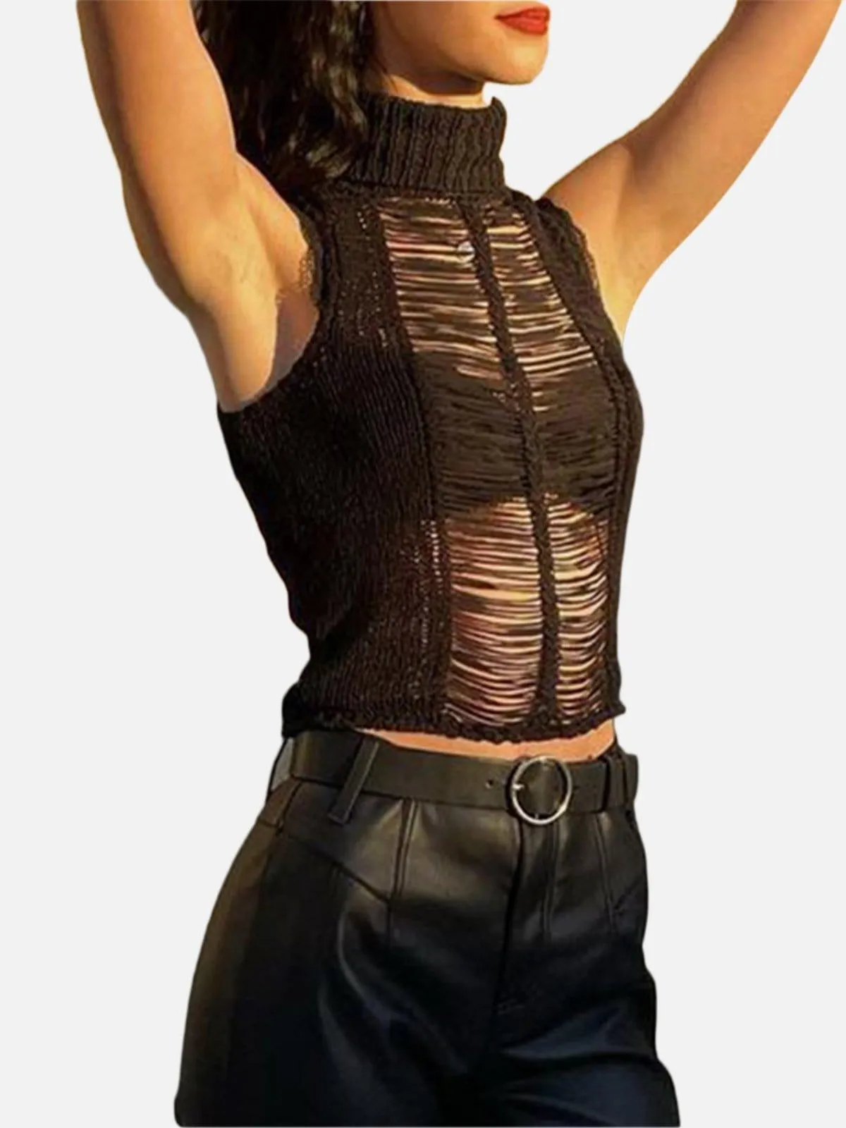 Dark Mesh Hollow Out Turtleneck Vest