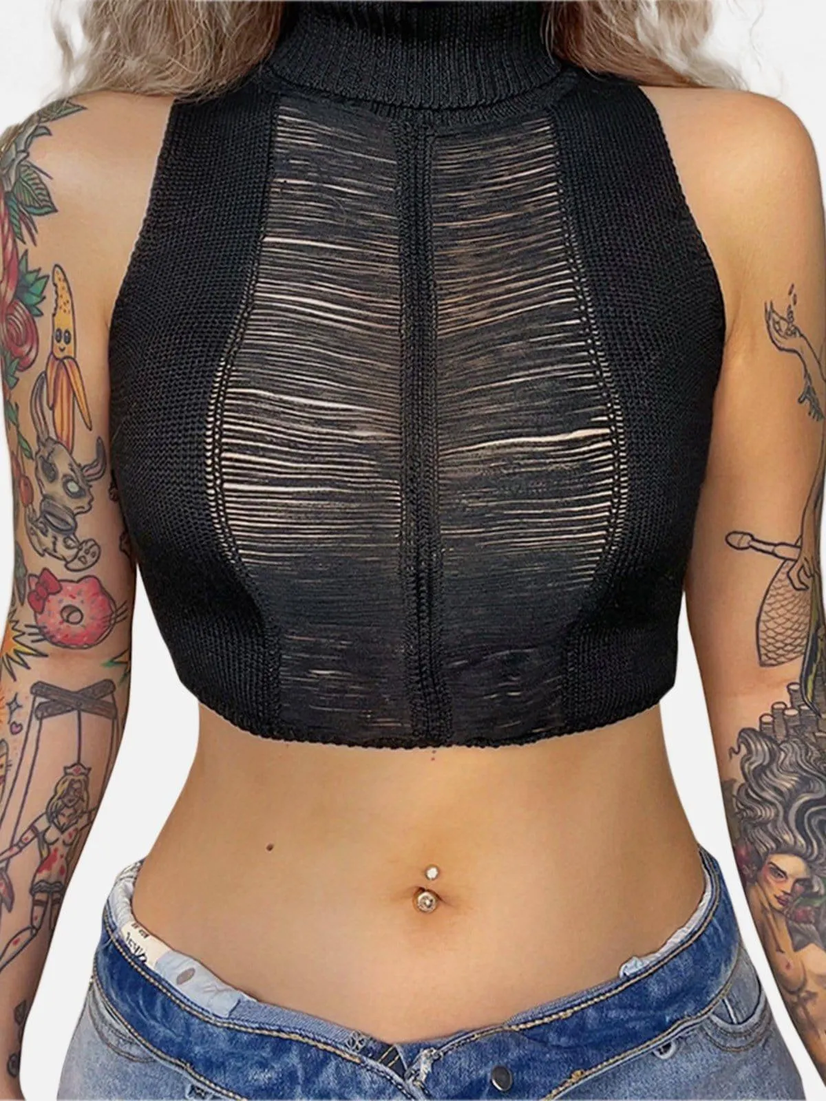 Dark Mesh Hollow Out Turtleneck Vest