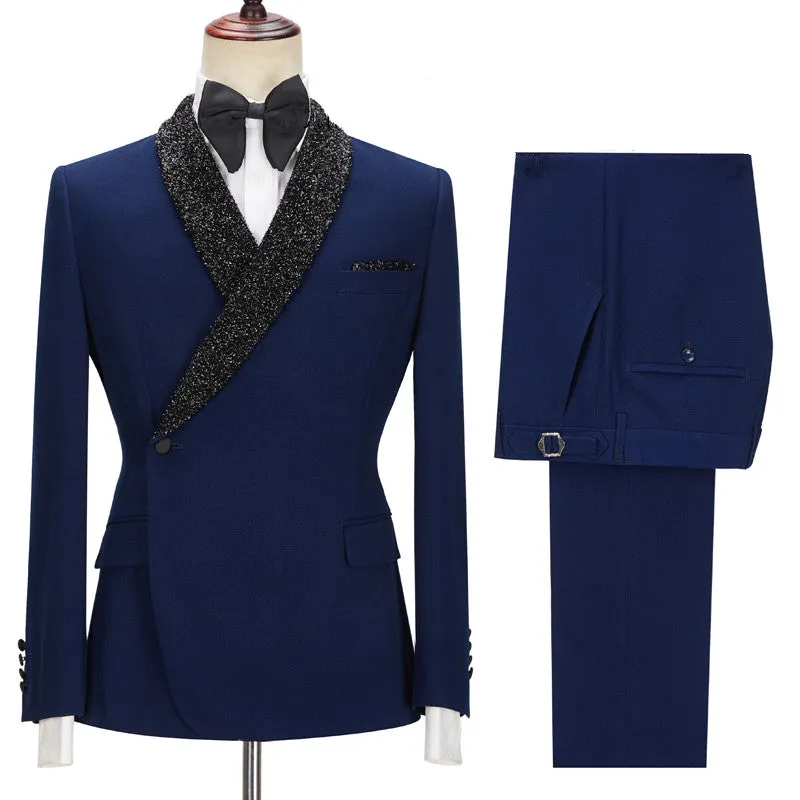 Dark Navy Bespoke Slim Fit Men Suits with Black Lapel