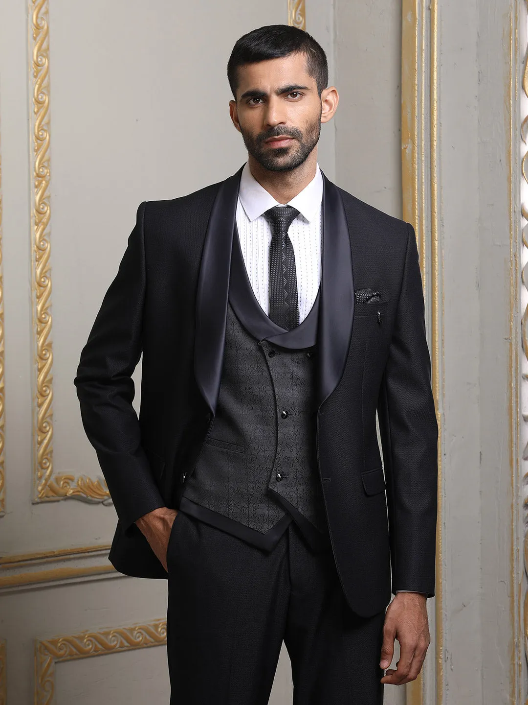 Debonair Charcoal Black Imported Slim Fit Suit For Men