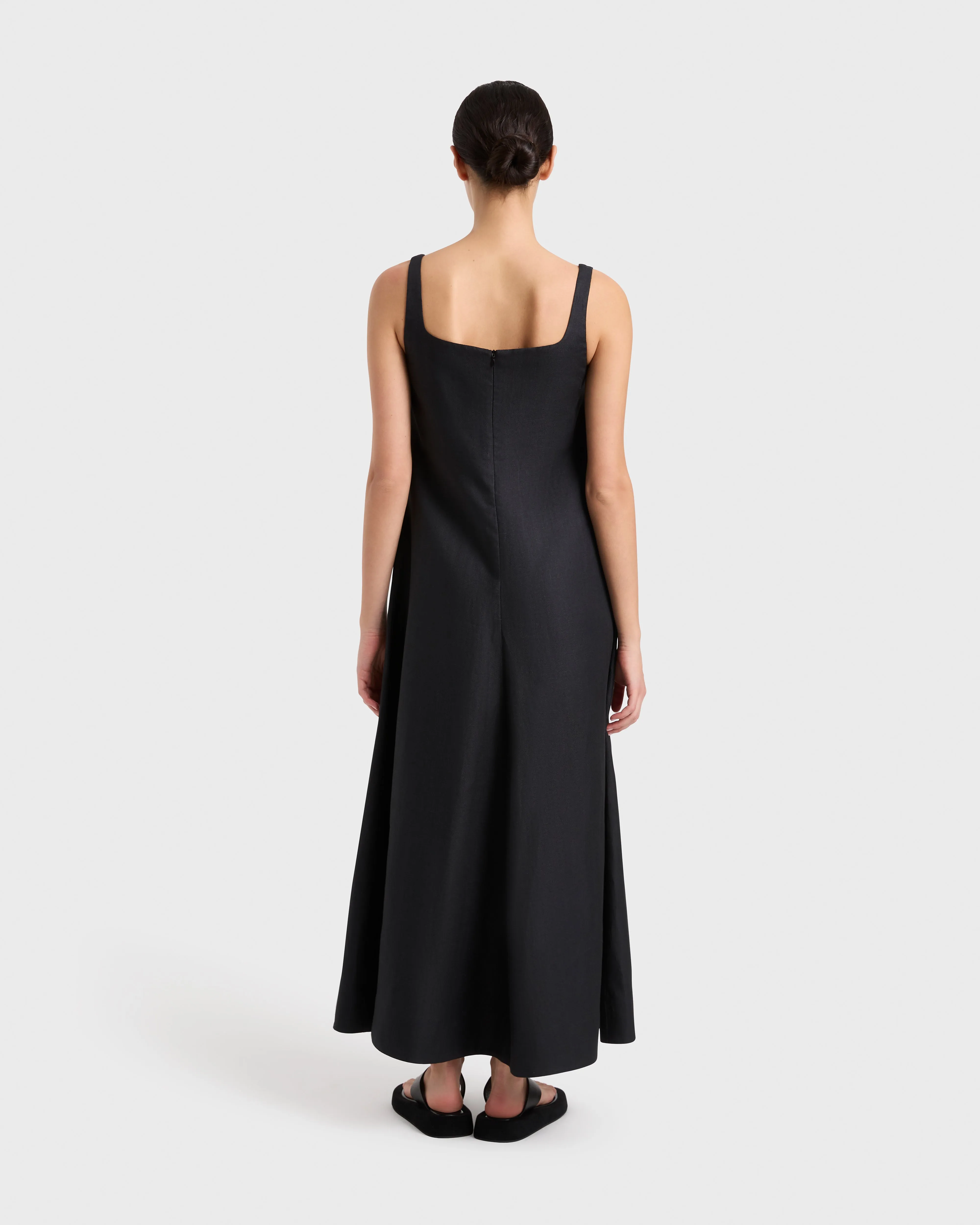 Delphi Linen Flared Maxi Dress - Black