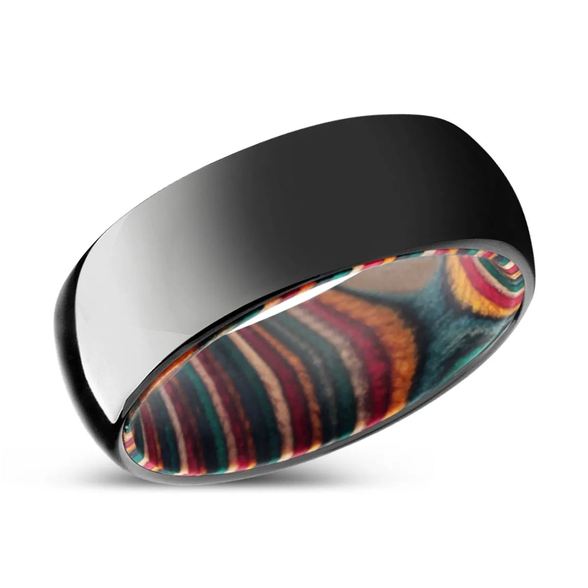 DRIFTWOOD | Multi Color Wood, Black Tungsten Ring, Shiny, Domed