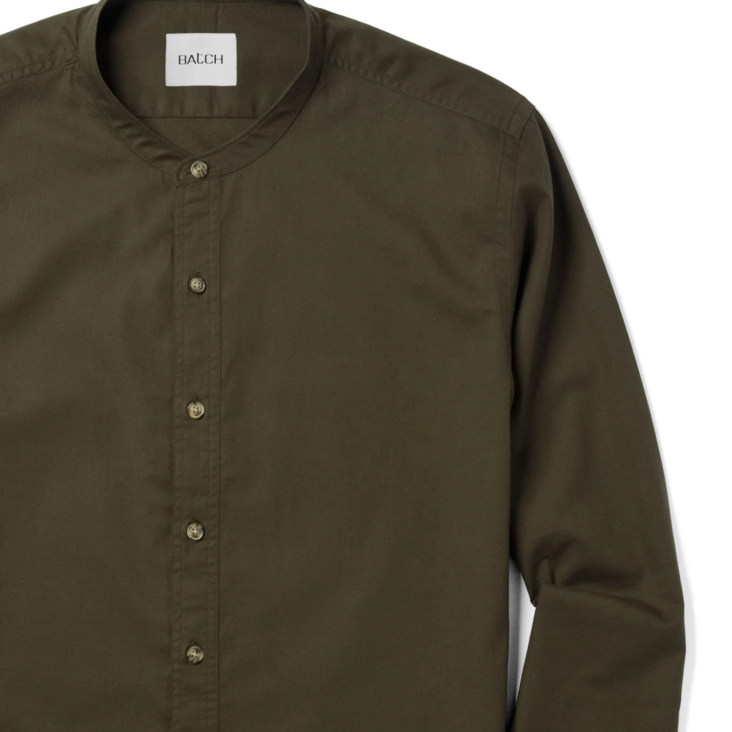 Essential Band Collar Button Down Shirt - Olive Green Cotton Twill