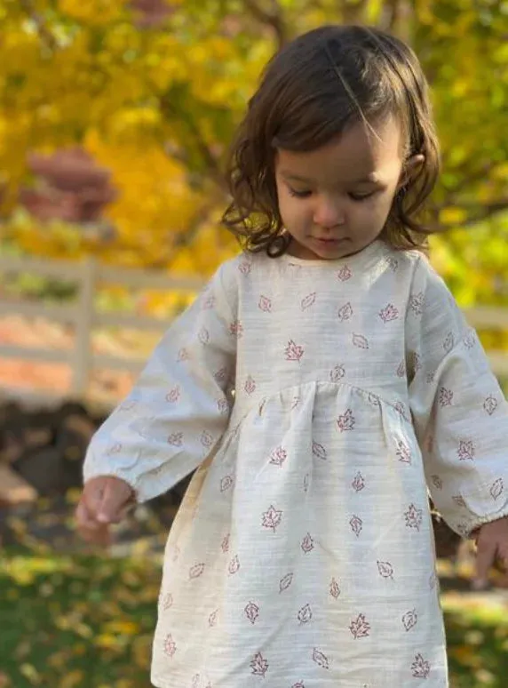 Ettie & H Long Sleeved Cotton Gauze Dress in Ivory Leaves Pattern: Sizes 0/3M to 24M