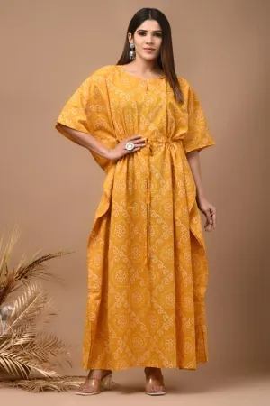 Flora Mustard Color Cotton Kaftan