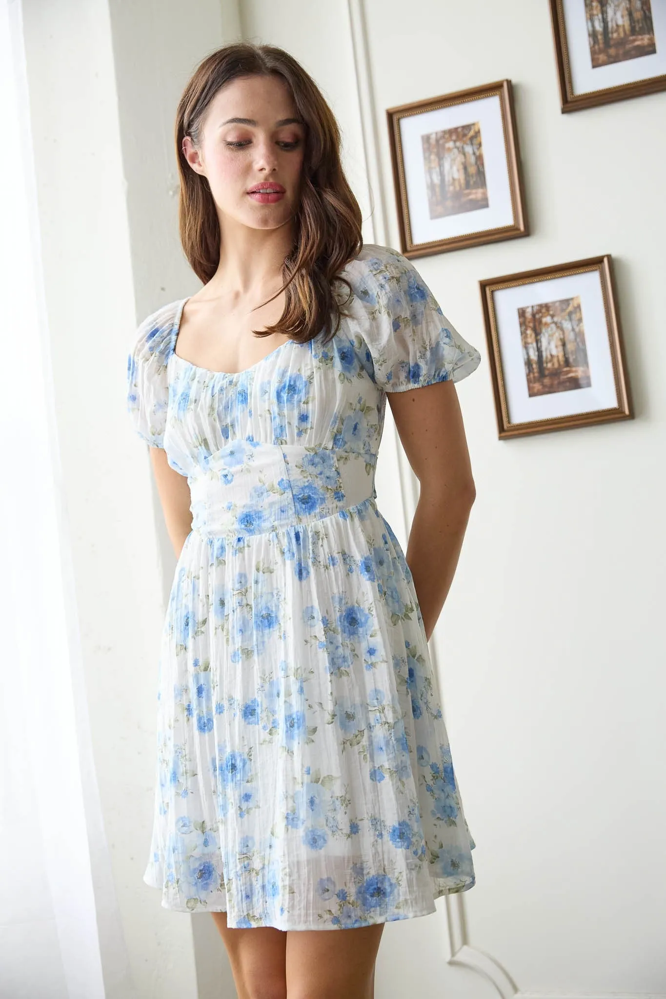 FLORAL CORSET DETAIL BACK TIE MINI DRESS
