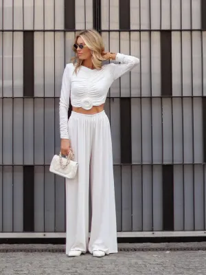 Floral Pleated Top  Pants Set - Casual Long-Sleeved Outfit