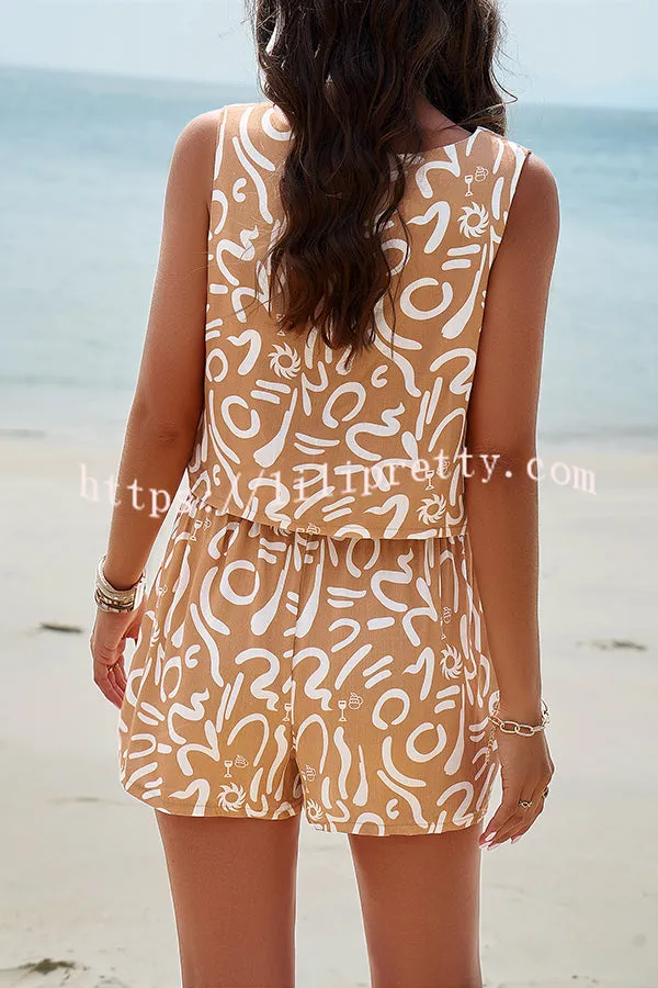 Fun Printed Suspender Pockets and Elastic Waist Shorts Set