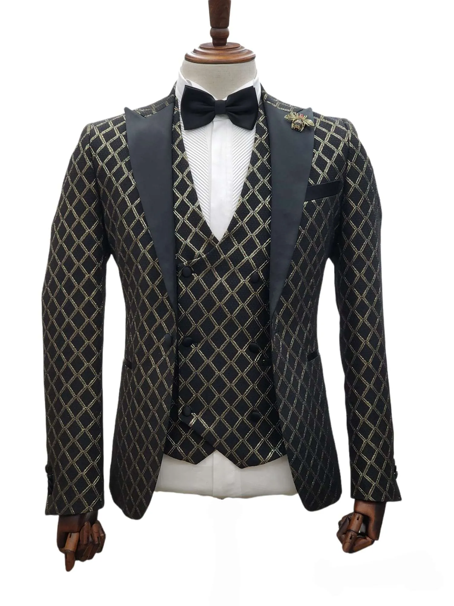 Giovanni Testi 1 Button 3Pc  Peak Lapel Slim Fit Tuxedo GT1PA V-5259 BLACK/GOLD