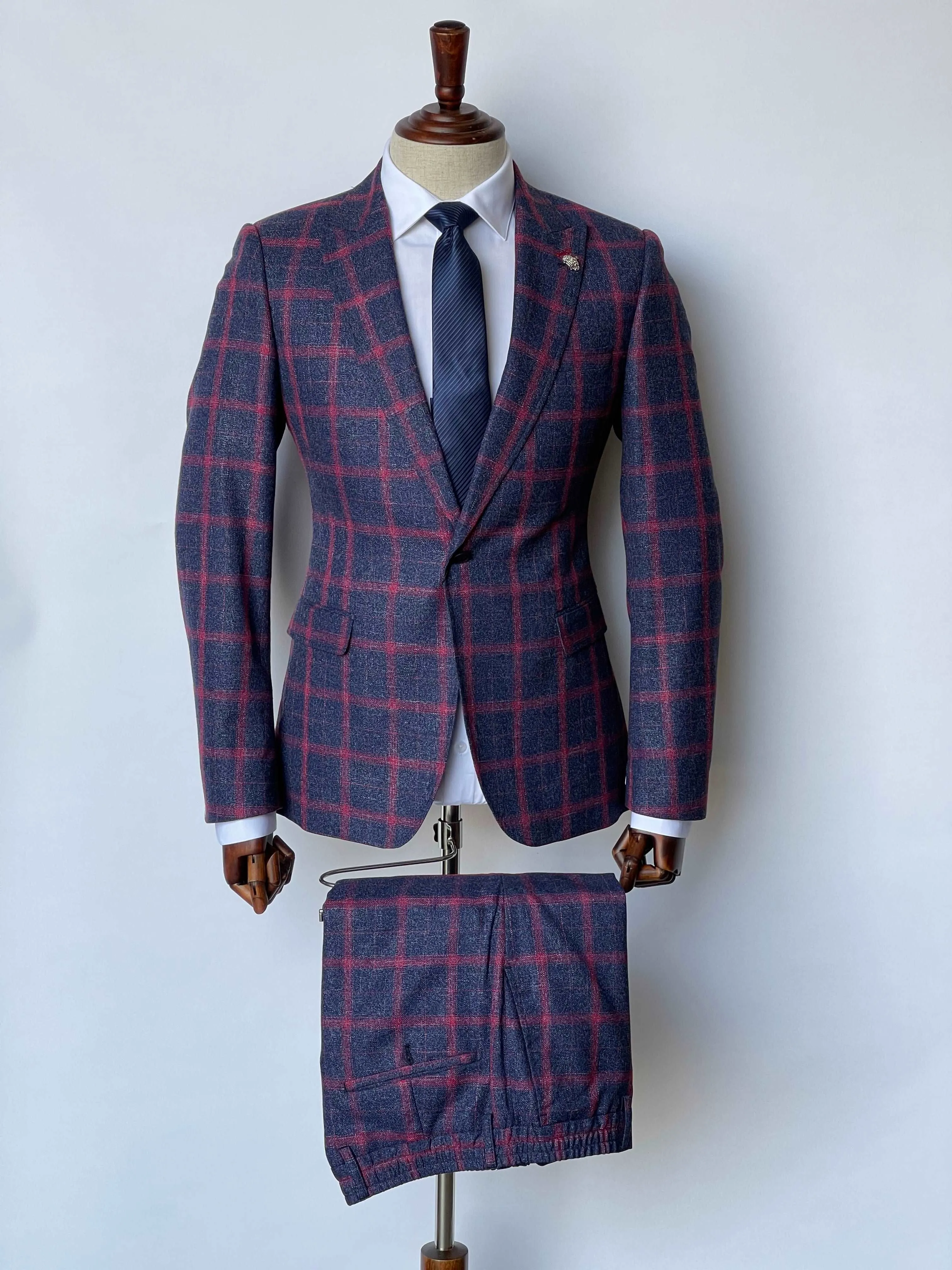 Giovanni Testi 1 Button Peak Lapel Plaid Suit GTRVL1P-7037 NAVY/FUSIA (R23-B)