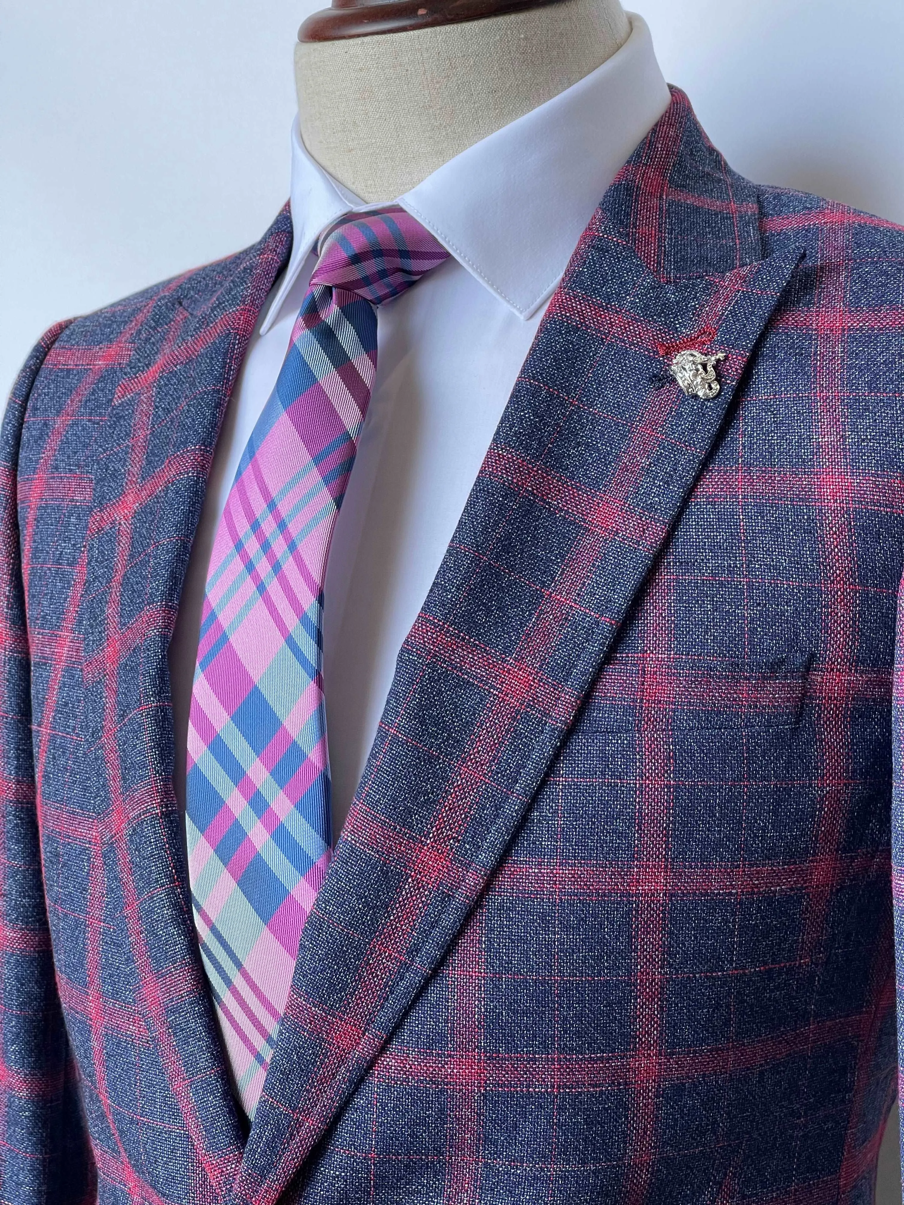 Giovanni Testi 1 Button Peak Lapel Plaid Suit GTRVL1P-7037 NAVY/FUSIA (R23-B)