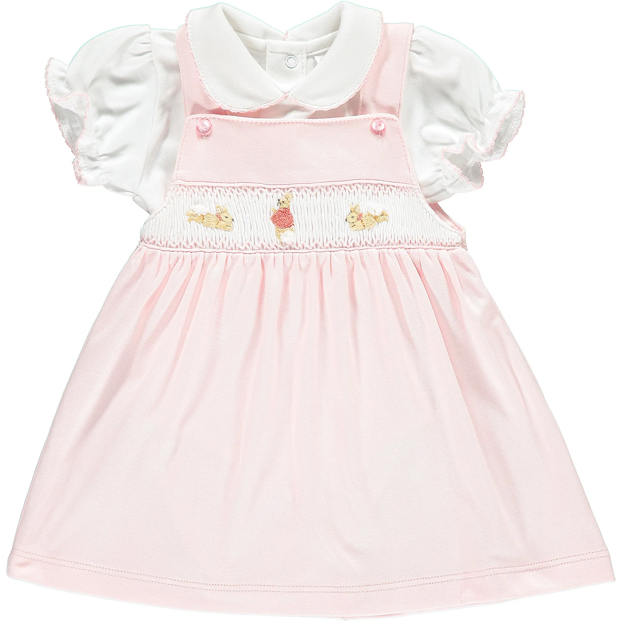 Girls Hand-Embroidered Flopsy Bunny Pink Cotton Dress and Top Set