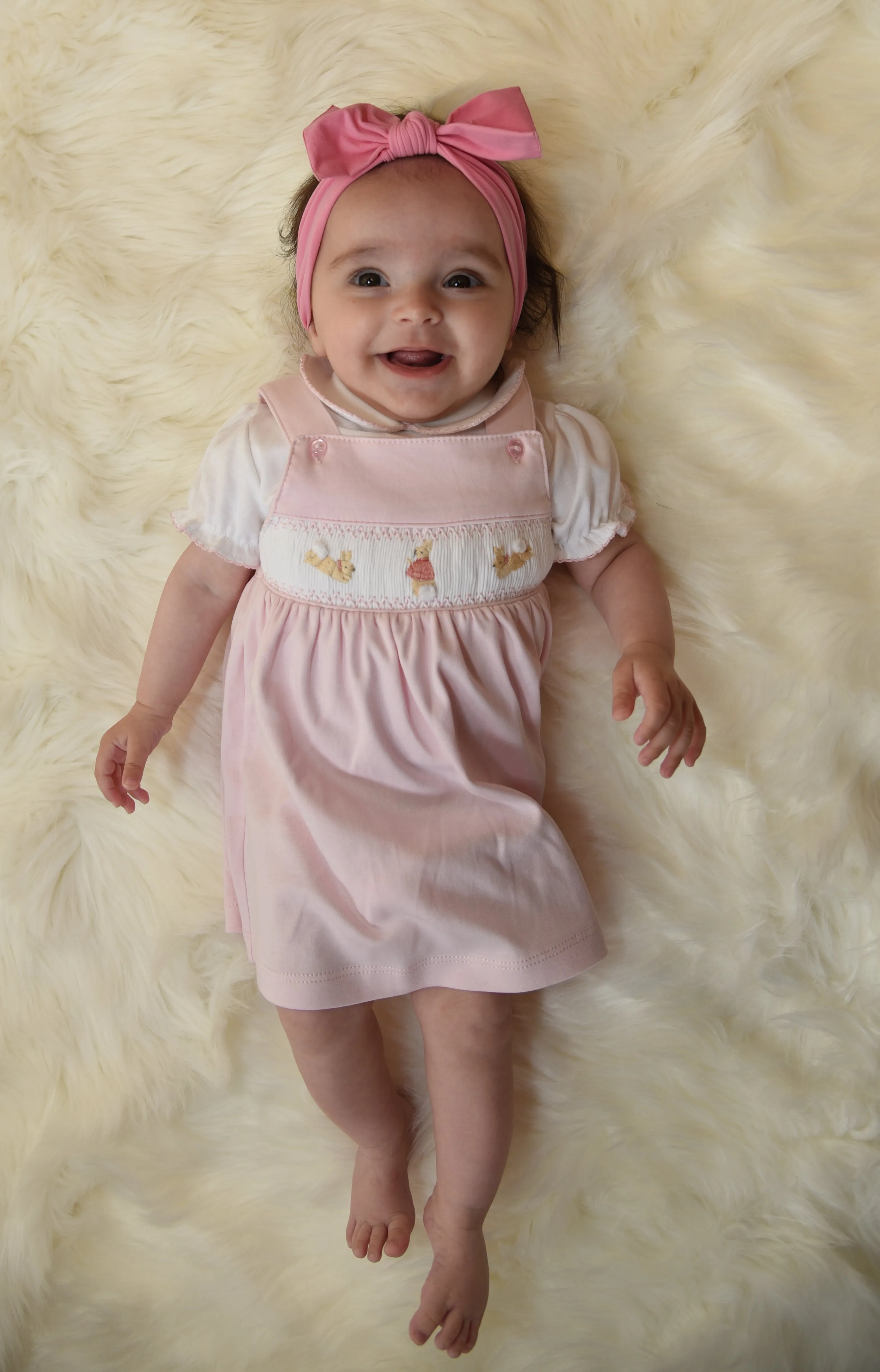 Girls Hand-Embroidered Flopsy Bunny Pink Cotton Dress and Top Set