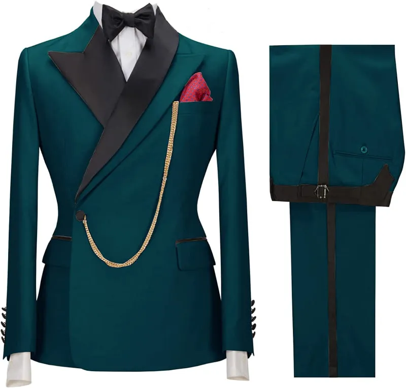 Glamorous Teal Blue Peaked Lapel Two Pieces Prom Suits Slim Fit One Button Blazer Set