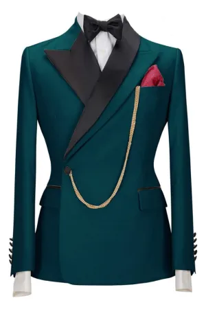 Glamorous Teal Blue Peaked Lapel Two Pieces Prom Suits Slim Fit One Button Blazer Set