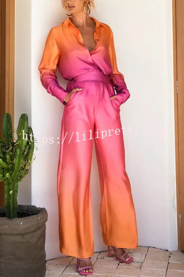 Gradient Long-sleeved Shirt Top and Loose-fitting Pocket Straight-leg Pants Set