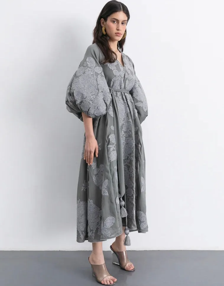 Gray dress with floral embroidery