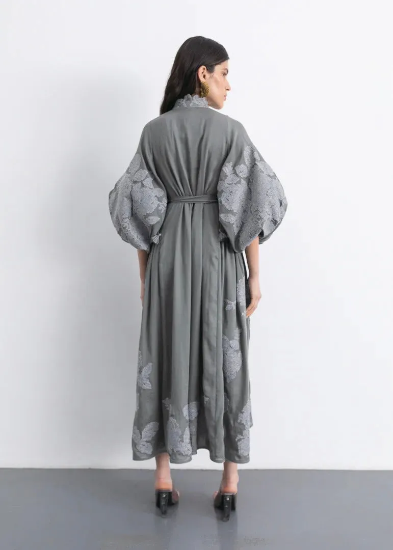 Gray dress with floral embroidery