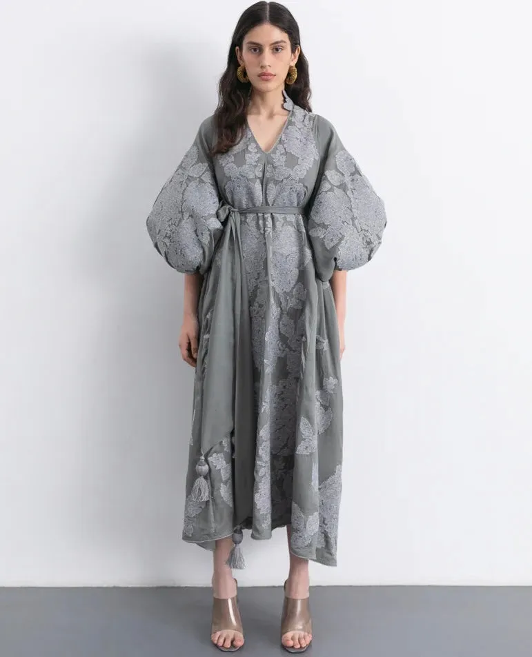 Gray dress with floral embroidery