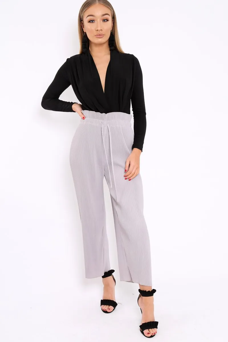 Grey Paper Bag Waist Wide Legged Pleated Trousers - Louise