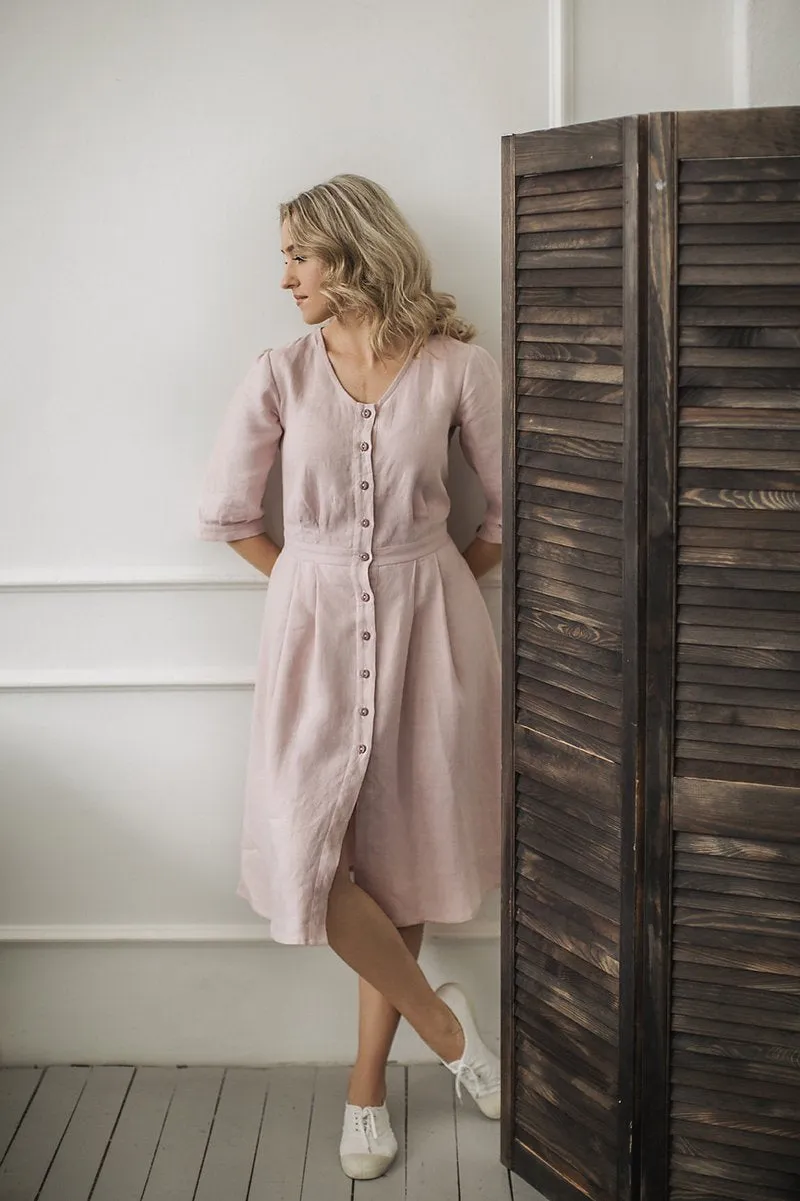 Half-Sleeves Dusty Rose Linen Dress