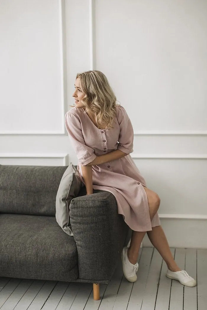 Half-Sleeves Dusty Rose Linen Dress