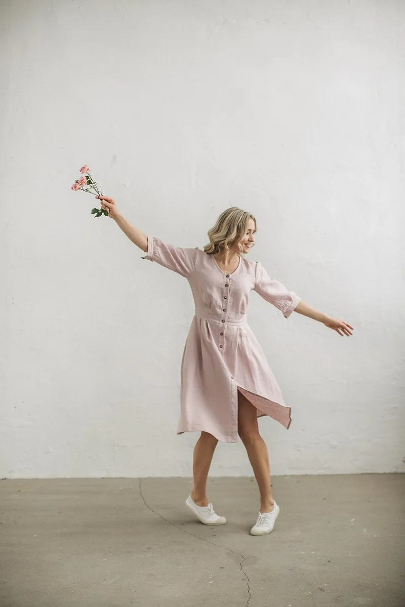 Half-Sleeves Dusty Rose Linen Dress