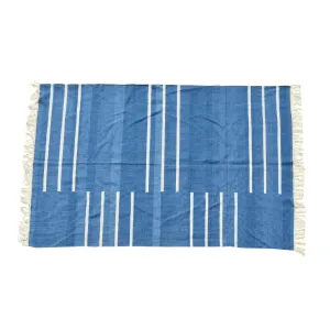 Handwoven Blue and White Minimalistic Stripe Cotton Rug with Fringes