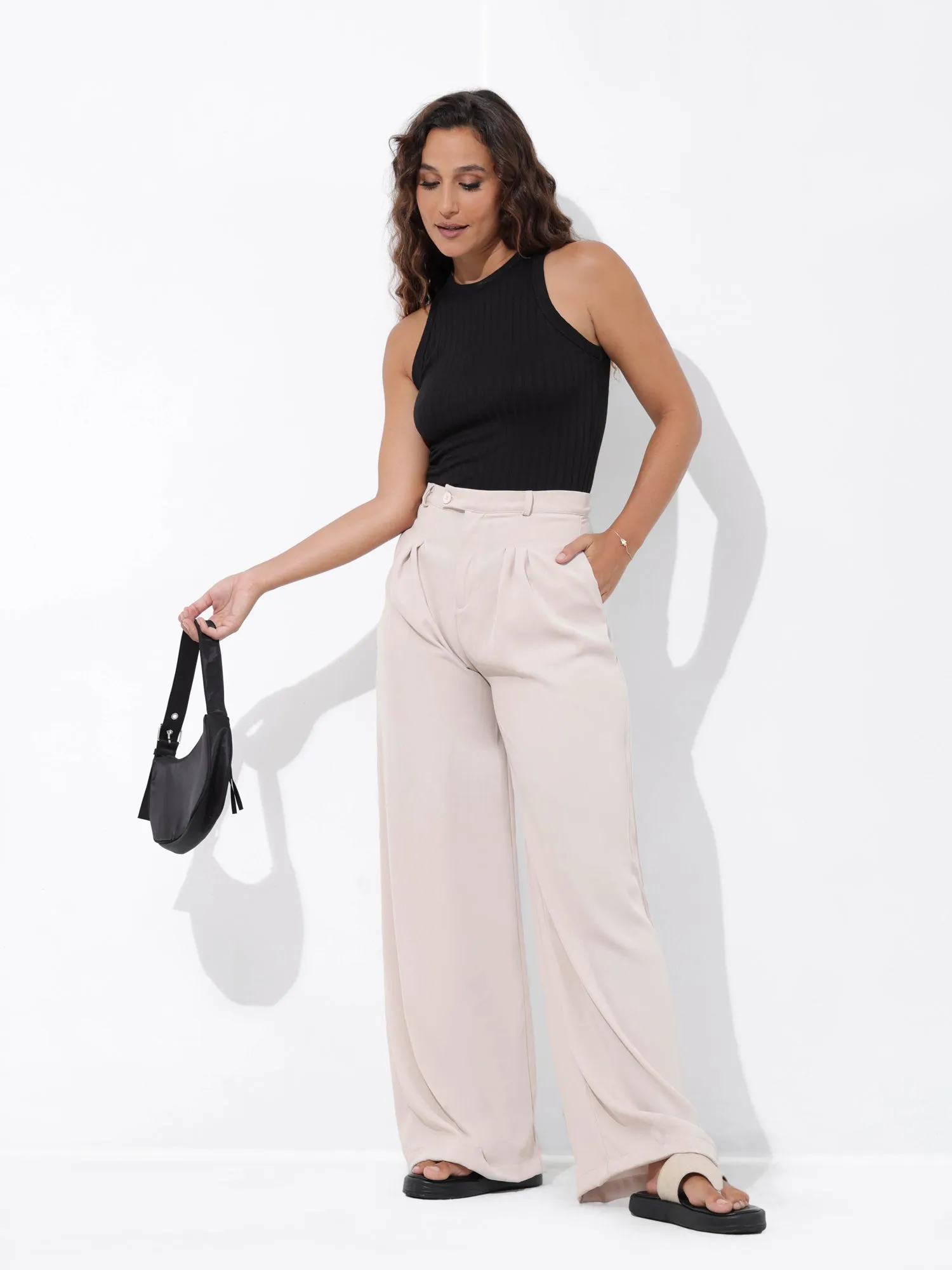 High Waist Front Pleated Wide Leg Pant