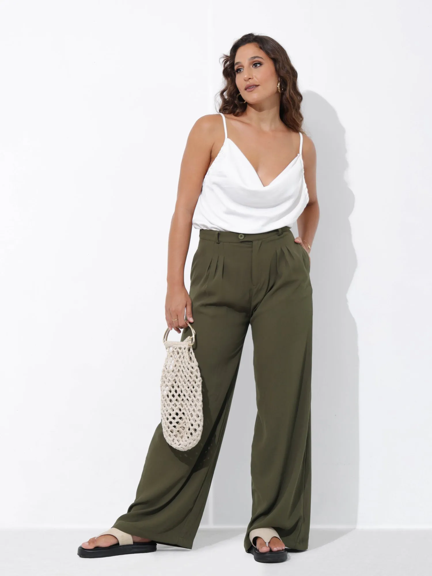 High Waist Front Pleated Wide Leg Pant