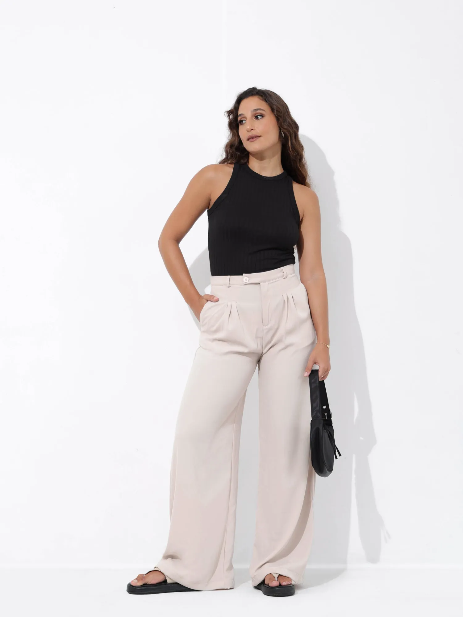 High Waist Front Pleated Wide Leg Pant